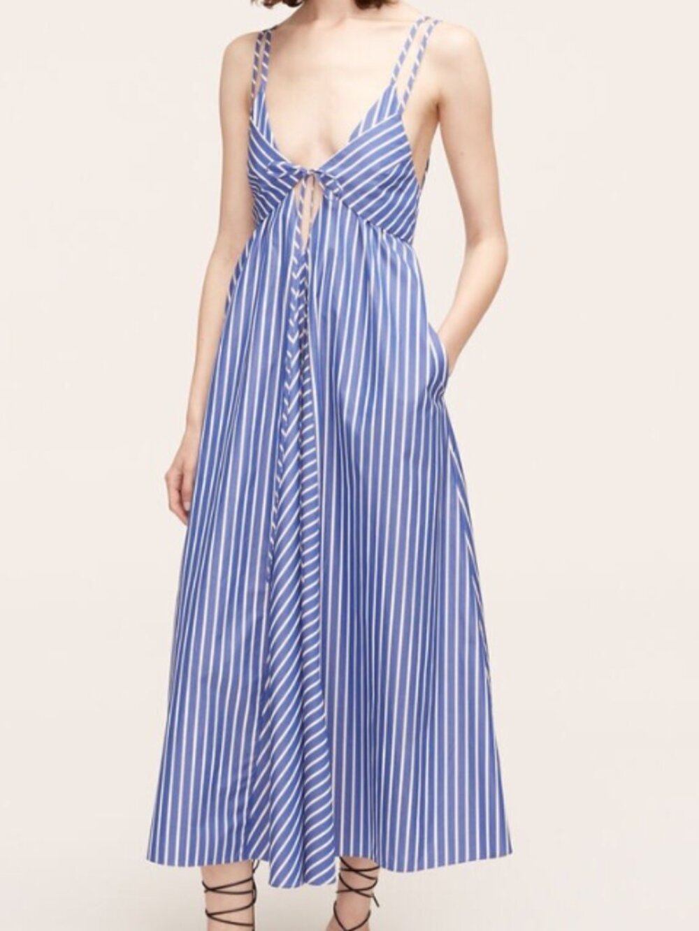 Rebecca Taylor Marseille Stripe Dress 10 Blue White Tie Front Cotton Midi